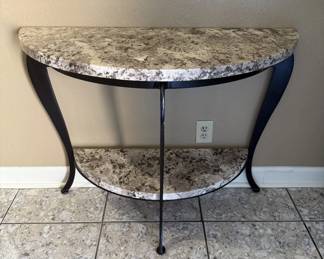 Semi-circle console table for entryway, marble top and lower shelve,  on cast iron legs, very heavy.