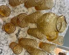 Amber Pitcher Depression Glass with 8 large glasses and 3 small glasses