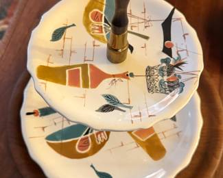 Mid Century Modern 2-Tier Atomic Serving Tray – Retro Ceramic Tidbit Stand with Wood Brass Handle