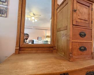 Antique Solid Wood Dresser with Mirror and Ornate Hardware – Early 20th Century Furniture
