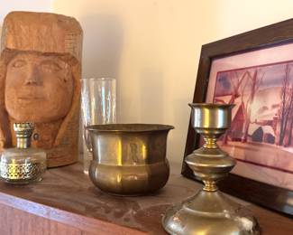 Vintage Brass Decor & Folk Art Shelf Set – Hand-Carved Sculpture, Brass Candlestick, Bowl & Art Print