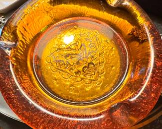 Amber Glass Ashtray – Mid Century Pressed Glass Heart Motif Retro Decor