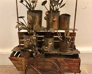 Mid-Century Brass & Copper Flower Cart Sculpture – Handcrafted Metal Art Floral Arrangement