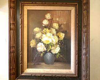 Still Life Oil Painting of Yellow and White Roses – Signed A. Julia – Mid-Century Floral Artwork