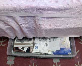 bin full of art sketches, art books +MORE