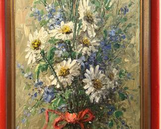 Vintage Floral Oil Painting Signed Faust – Daisies & Blue Wildflowers in Red Frame