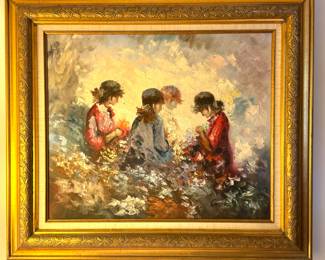 Oil Painting of Women Gathering Flowers – Signed Cortez – Impressionist Style in Ornate Gold Frame