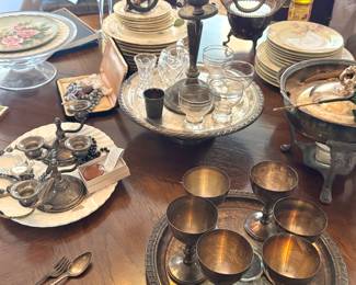 Silverplate & China Tableware Collection – Candelabras, Goblets, Serving Trays, and Porcelain Plates