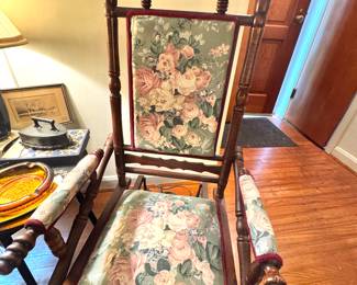 Vintage Wooden Rocking Chair – Floral Upholstered Spindle Rocker, Cottagecore Victorian Revival Style