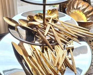 Vintage Gold-Plated Flatware Set – Ornate Etched Design on Tiered Silver Display Stand