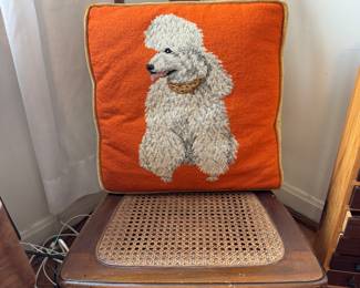 Vintage Wooden Side Chair with Cane Seat & Needlepoint Poodle Cushion – Mid-Century Accent Piece