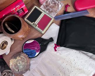 Vintage Vanity Collection – 1950s Makeup Compact, Perfume Bottle, and Decorative Mirror Set