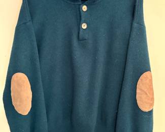 Wool Sweater with Suede Elbow Patches – Teal Pullover Knit Jumper, 2-Button Mock Neck