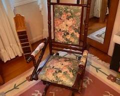 Antique Victorian Spindle-Back Rocking Chair with Floral Upholstery – Early 20th Century Wooden Rocker