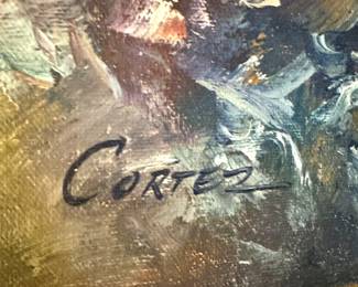 Oil Painting of Women Gathering Flowers – Signed Cortez – Impressionist Style in Ornate Gold Frame