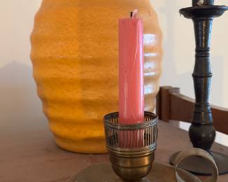 Brass Chamberstick Candle Holder & Yellow Ceramic Vase – Mid-Century Cottage Decor