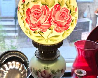 Vintage Hand-Painted Hurricane Lamp – Pink Rose Floral Glass Globe with Brass Base