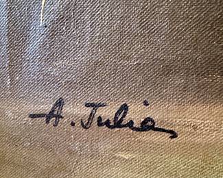 Still Life Oil Painting of Yellow and White Roses – Signed A. Julia – Mid-Century Floral Artwork