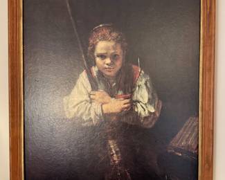 Framed Print of Rembrandt’s ‘Girl with a Broom’ – Mid-Century Textured Lithograph Old Master Reproduction