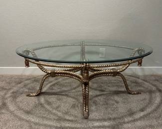 Oval Glass Coffee Table with Rope Twist Metal Base 55 x 39.5 x 22 Gold Finish