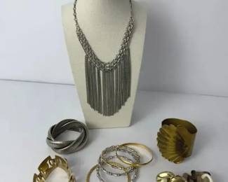 ABS by Allen Schwartz Silver Fringe Statement Necklace Mixed Metal Bracelets