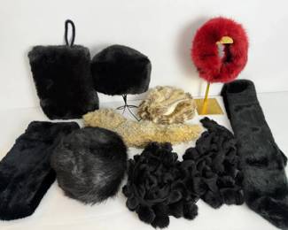 Collection of Real and Faux Fur Hats, Scarves, and Leg Warmers
