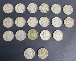 Lot of 19 U.S. Nickels Jefferson, Buffalo Shield Nickel Mix 0 lb 3.3 oz Total Weight