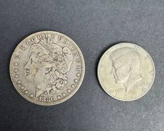 03 1880O Morgan Silver Dollar 1974D Kennedy Half Dollar Lot 0 lb 1.3 oz Combined Weight