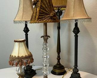 Collection of 5 Elegant Table Lamps Ornate Metal, Crystal Fabric Shades