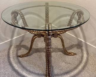 06 Hollywood Regency Dorothy Draper Style Rope Tassel Glass Top Side Table