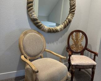 Schnadig Carved Accent Chair and Dauphine Harrison Gil Round Rope Mirror