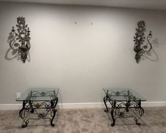 Matching Wrought Iron Glass Side Tables with Metal Wall Sconces
