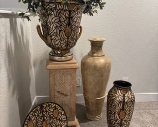 Decorative Vase Pedestal Lot Set of 5 Gold Leaf Floral Design Stone Finish