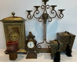 Elegant Decor Collection Ornate Clocks, Bronze Candelabra, and Decorative Canisters with T
