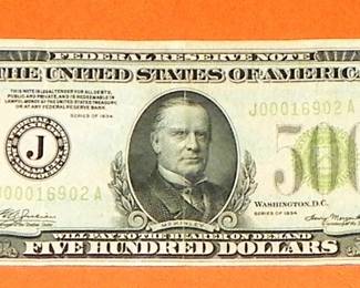 $500 FED RES NOTE 1934 KANSAS CITY