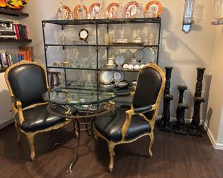 Great pair of black leather chairs, wonderful wood candlesticks 