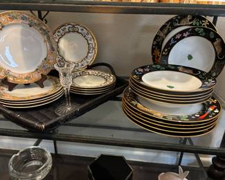 On right Lynn Chase "Jaguar Jungle",  on left Rosenthal Versace "Le Jardin de Versace" salad plates, "Renaissance"  by Christian Dior  salad plates.