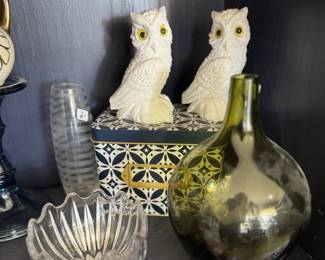 Salt Owls and Green Glass Vase