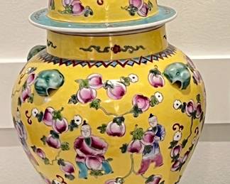 Hand painted famille jeune porcelain ginger jar, $250