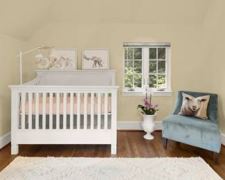Pottery Barn convertible crib, Pottery Barn rug, Mitchell Gold accent chair, all like new staging use only.