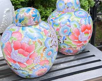 Vintage Mille Fleure pair of hand painted ginger jars, $350