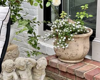 Assorted terra cotta planters, statuary, garden decor