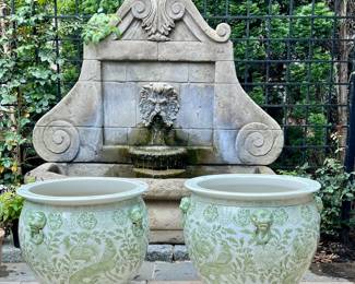 Large porcelain hand painted chinoiserie style planters (3 available), $1200/pair or $750 each (3 available). Vintage cast cement lions head fountain - 2 pieces for transport