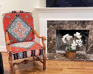 Sam Moore vintage Kilim chair with leather back, large statement chair, $495