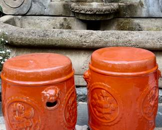 Vintage pair of orange foo dog motif garden stools, $450/pair