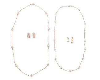 1042
A Group of Gold and Cultured Pearl Jewelry
Including a 14k gold and cultured pearl station necklace, a gold filled and cultured pearl station necklace, two 14k gold pendants and a pair of 14k gold and cultured pearl ear clips
6 pieces
Lengths: 26 in., 29 in., Pendants: 1 in., 3/4 in., earrings: 7/8 in. x 3/8 in.
34.1 grams gross
Estimate: $700 - $900