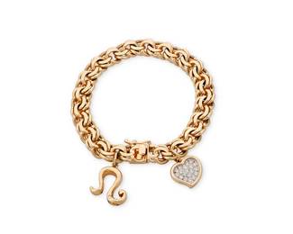 1099
A 14K Gold and Diamond Charm Bracelet
Of a fancy link design suspending two charms accented by round diamonds
Length: 7 7/8 in.
47.1 grams gross
Estimate: $1,500 - $2,500
