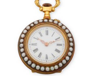 1181
A Gold-Filled and Seed Pearl Pocket Watch
Featuring Roman Numeral hour markers, accented by seed pearls and rose-cut pink stones
Inner circumference: 10s
26.2 grams gross
Estimate: $300 - $400