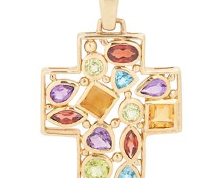 1119
A 10K Gold and Gem-Set Cross Pendant
Of a cross design featuring variously cut amethyst, garnet, peridot, citrine, and blue topaz
Measures: 1 3/8 x 7/8 in.
3.9 grams
Estimate: $300 - $500