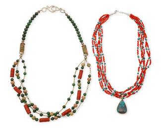 1107
Two Hardstone and Gold Necklaces
Including a coral, shell and turquoise heishi bead necklace suspending an 18k gold and chrysocolla pendant, together with a jasper, red jasper and nephrite bead necklace finished with a copper clasp
2 pieces
Lengths: 26 in. Pendant: 2 x 1 in., Length: 33 in.
245.7 grams gross
Estimate: $800 - $1,200